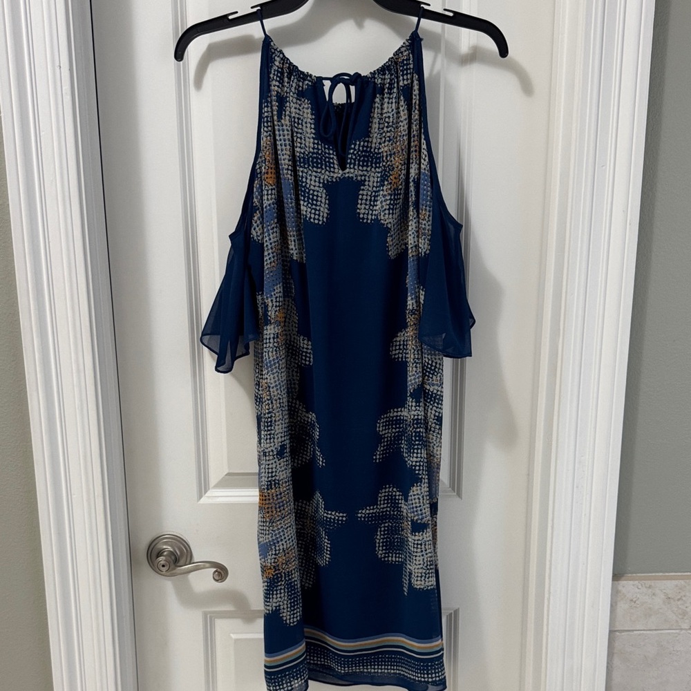 Navy Floral Cold-Shoulder Halter Midi Dress